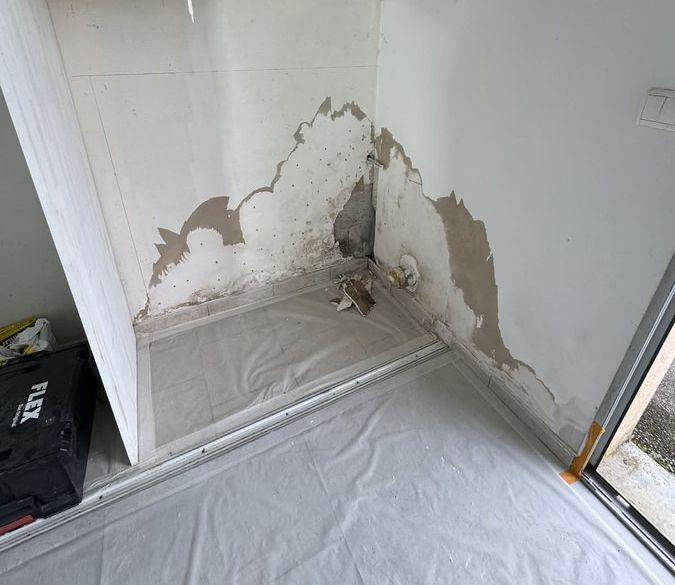 Placo humide et moisi en bas de mur après une fuite de canalisation dans une maison à Morre, près de Besançon, avant travaux par RUSHITI Rénovation