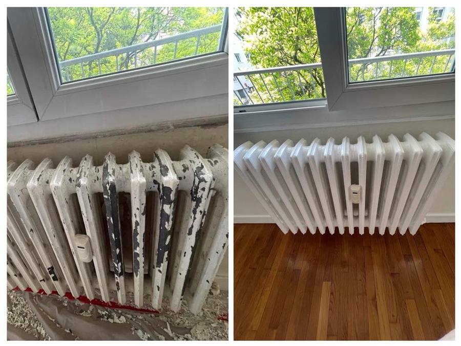 Radiateur en fonte à colonnes avant et après peinture à Miserey-Salines : peinture écaillée jusqu'au métal, puis finition blanche uniforme